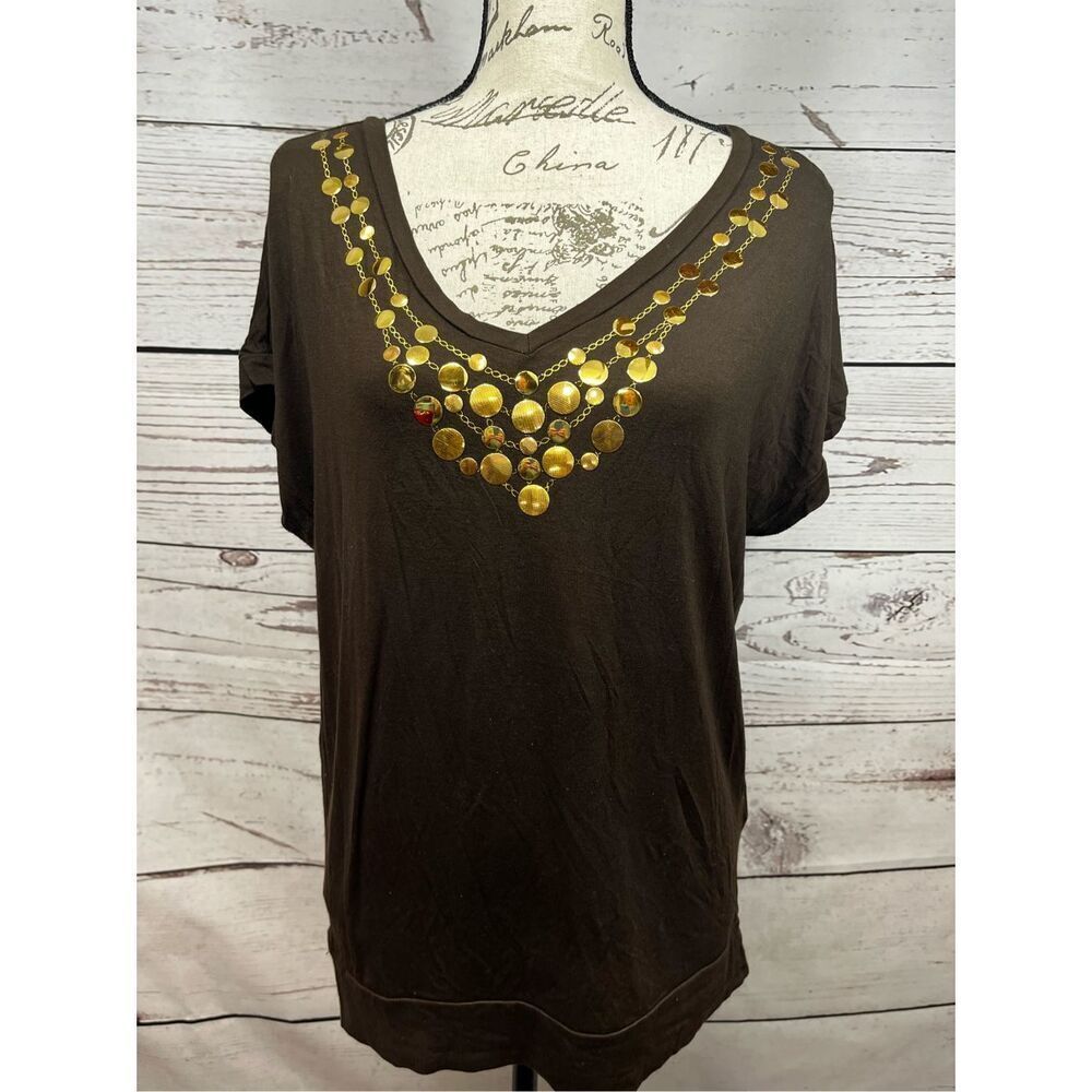 August Silk large brown  t shirt with gold buttons along neckline - 2932‎